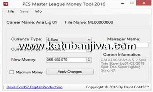 PES 2016 Master League - ML Money Tool 1.0 by Devil Cold52 Ketuban Jiwa